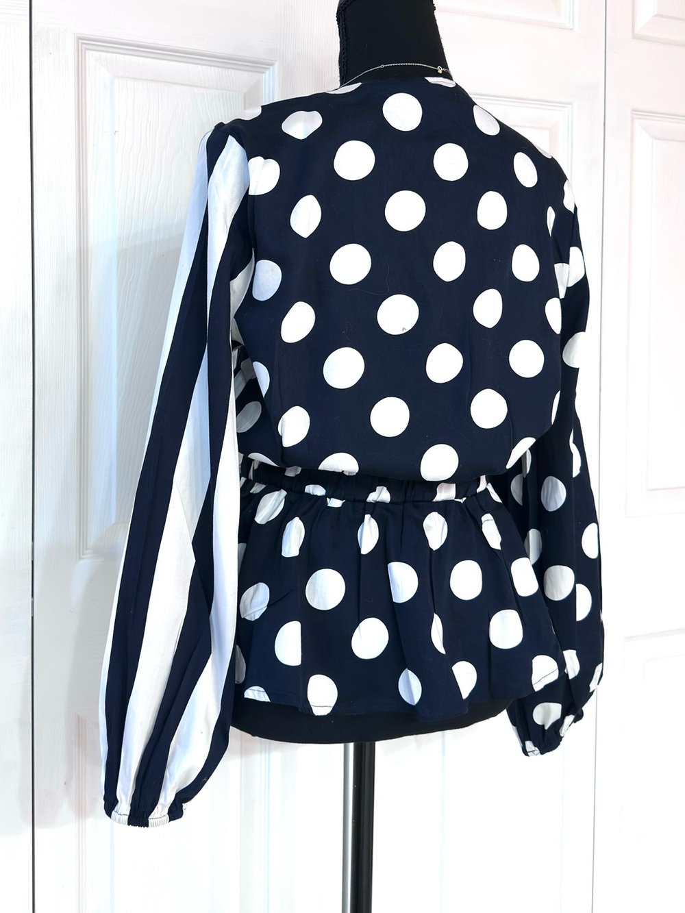 New York & Company Black and White Polka Dot & Stripe Top w/Elastic Tie Waist - Picture 7 of 9